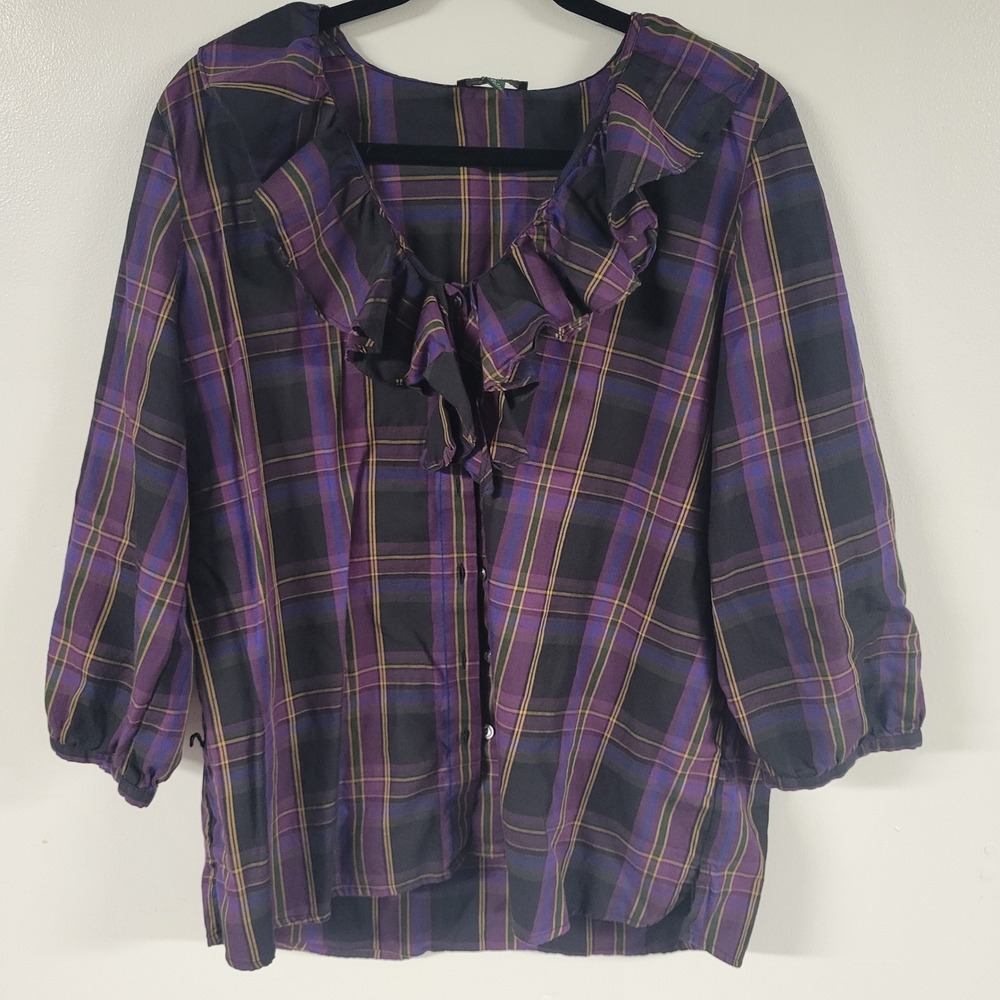 Lauren Jeans Co Ralph Lauren Purple Plaid Ruffle Neck 3/4‎ Sleeve Blouse XL